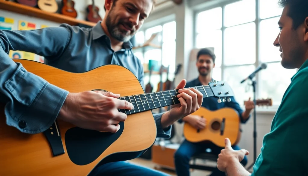 Engage with https://guitarlessons.co.uk, visualizing guitar instruction in a welcoming studio setting.