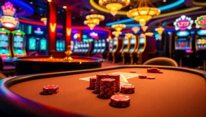 A thrilling casino experience at vmax with vibrant poker chips and illuminated roulette wheel.