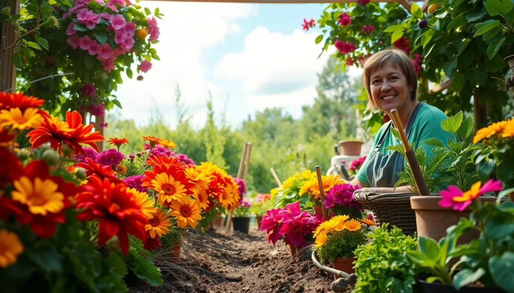 Gardening in a vibrant garden with a smiling gardener tending to colorful flowers and vegetables.
