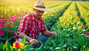 Petani toto berinteraksi dengan tanaman hijau di ladang terbuka dengan latar belakang yang cerah.