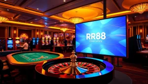 Experience luxury gaming at https://rr88ez.com/ showcasing vibrant slot machines and an engaging roulette wheel.