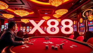 Professional gamblers at a poker table with xx88 branding, capturing the excitement of casino gaming.