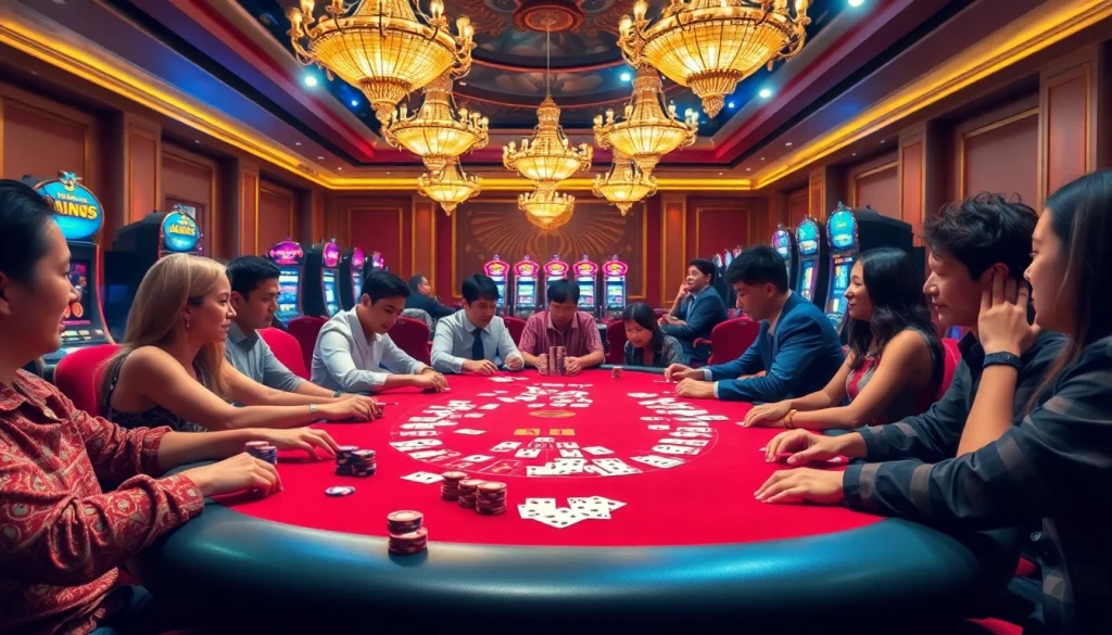 High-stakes poker at Nhà Cái S8 with vibrant chips and cards, set in an elegant casino.