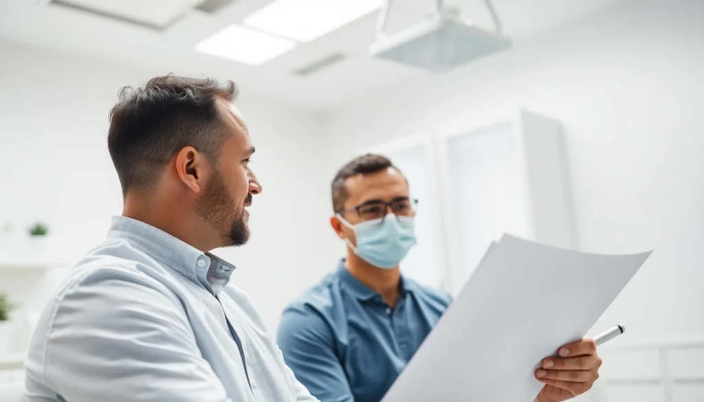 Engaging consultation for hair transplant london showcasing a surgeon and patient in a modern clinic.