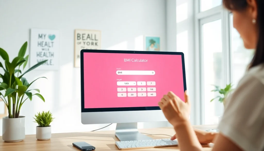 Calculate your BMI with a user-friendly bmi calculator in a bright home office environment.
