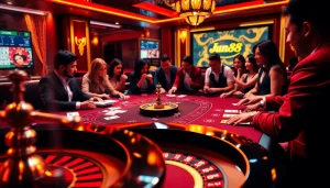 Players enjoying a thrilling game at the Jun88 casino table featuring poker chips and cards.
