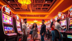 Exciting scene of players engaging with doaslot slot machines in a vibrant online casino atmosphere.