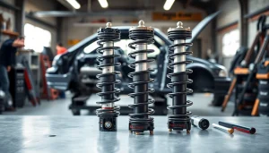 Showcasing high-performance coilovers E36 on a workshop table, emphasizing their adjustable features and sleek design.