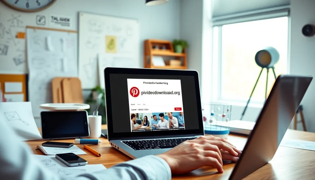 Efficiently downloading videos using pinvideodownloader.org on a laptop in a bright workspace.