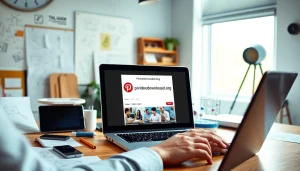 Efficiently downloading videos using pinvideodownloader.org on a laptop in a bright workspace.