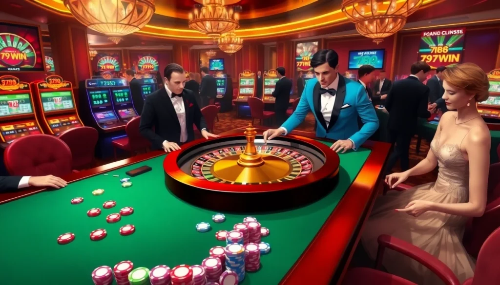 Experience the thrill of 789 win at a luxurious casino with roulette and vibrant slot machines.