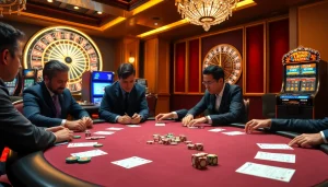 Intense poker action at a luxurious table, highlighting the excitement of 79king2.sa.com gaming experience.