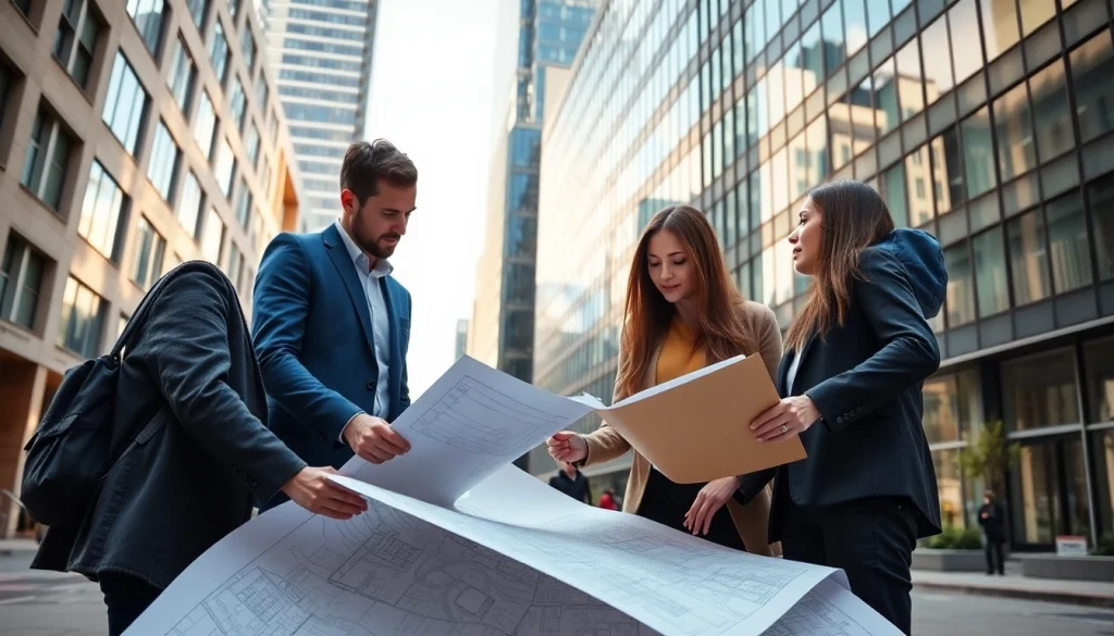 Engaging town planners collaborating in urban planning at https://2020group.co.za with blueprints and modern buildings.