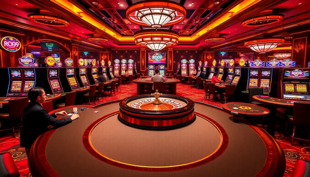 Players engaging in high-stakes poker at a vibrant Roo99 themed casino table.