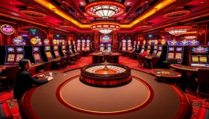 Players engaging in high-stakes poker at a vibrant Roo99 themed casino table.