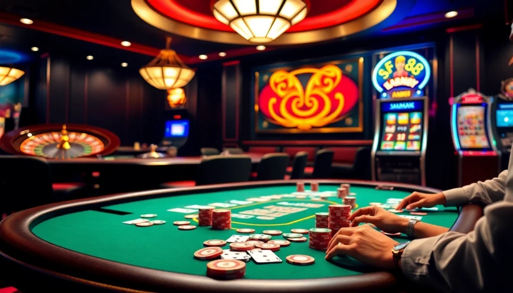 Exciting poker game at AF88 casino with colorful chips and cards.