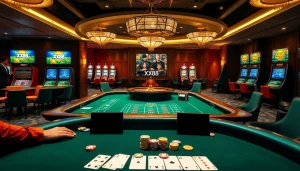 Players enjoying a thrilling baccarat game at XX88, with vibrant casino elements and engaging atmosphere.