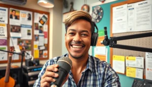 Engaging host broadcasting live from hometownstation.com radio studio with colorful decor.