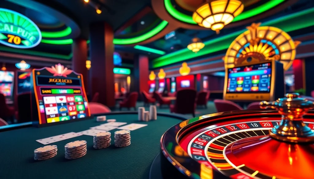 Experience excitement at JOGOLUCK's casino, featuring a luxurious poker table and vibrant slot machines.