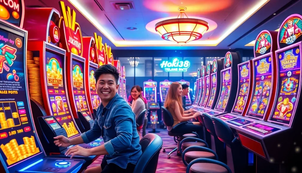 Exciting hoki138 online slot gaming scene with vibrant machines and joyful players