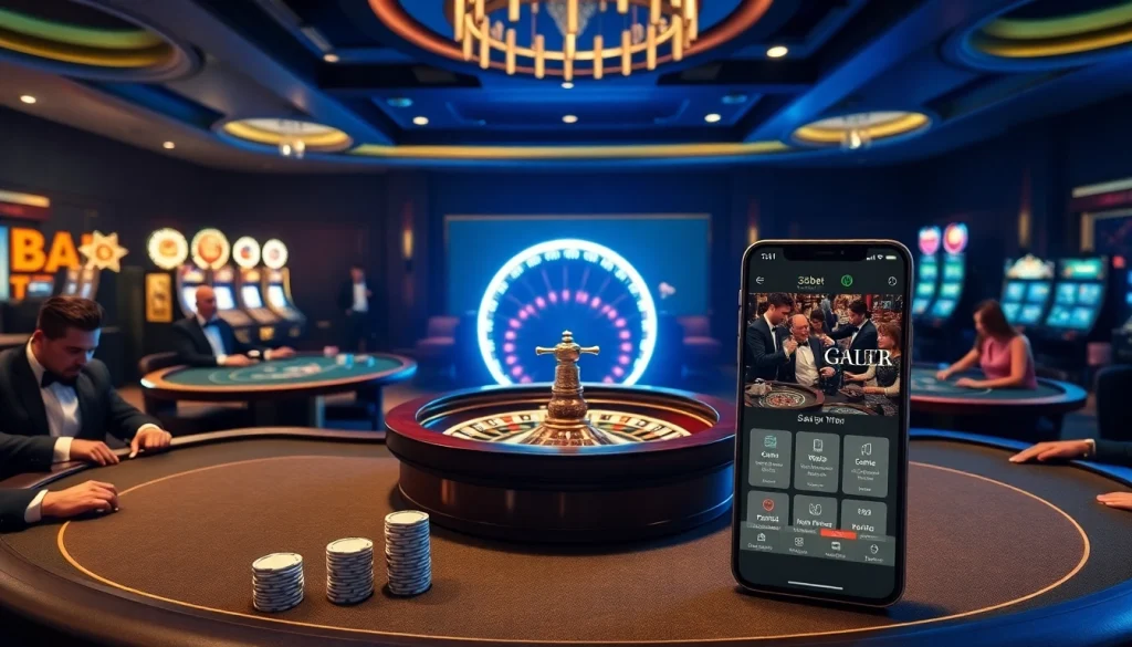 Experience the excitement of gambling with the 333bet App amidst a luxurious casino setting.