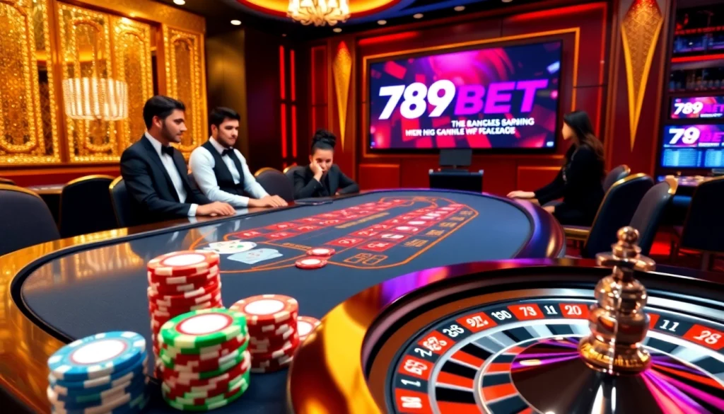 Engaging gambling scene at 789BET featuring casino tables, chips, and dealer interactions.