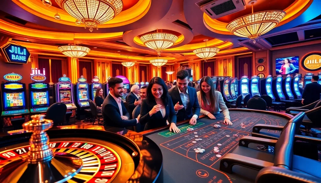 Players enjoying JILI's casino games, featuring vibrant slot machines and an exciting atmosphere.