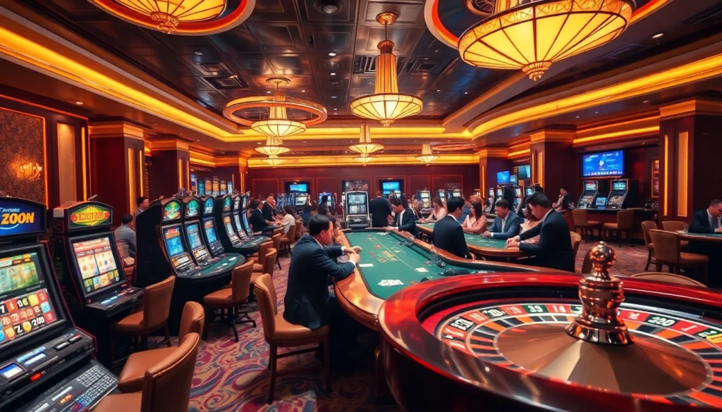 Experience the excitement of 789p in a luxurious casino setting with vibrant slot machines and engaged players.