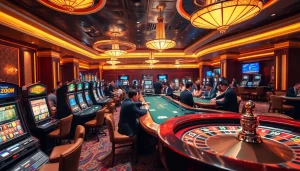 Experience the excitement of 789p in a luxurious casino setting with vibrant slot machines and engaged players.