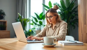 Active engagement on anneduboc.fr with a professional woman working in a home office environment.