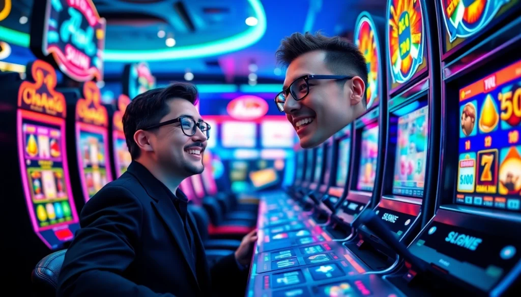 Menikmati permainan slot bet kecil di kasino yang penuh warna dan cahaya cerah.