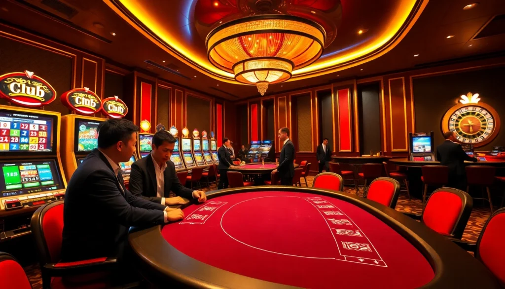 High-stakes gaming at w88 club with poker tables, roulette, and vibrant slot machines