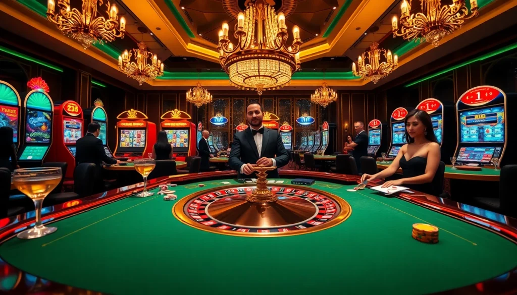 Exciting casino scene at MM88 featuring a classy roulette table and animated slot machines.