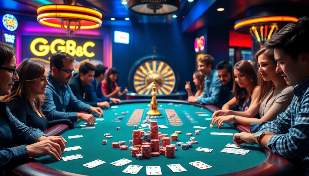 A lively poker scene at gg88.com, highlighting players immersed in the game with colorful chips and vibrant lighting.