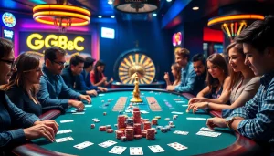 A lively poker scene at gg88.com, highlighting players immersed in the game with colorful chips and vibrant lighting.