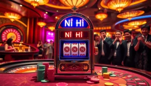 Excited players winning at the Nổ Hũ slot machine in a luxurious casino setting.