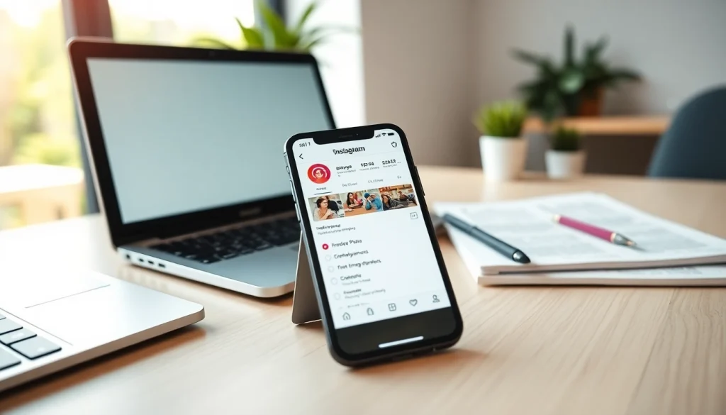Showcasing an Instagram smm panel interface on a smartphone in a digital marketing workspace.