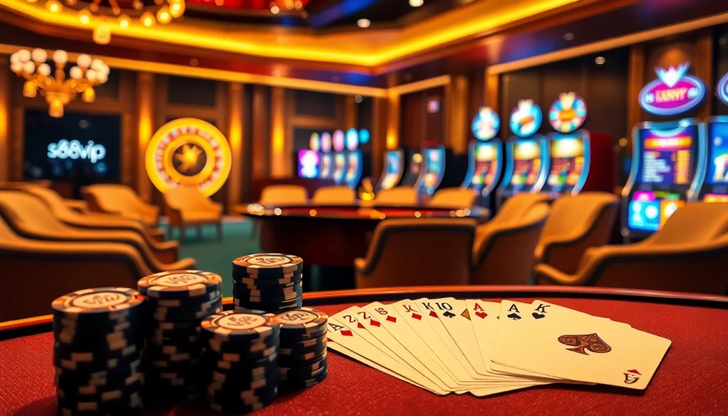 S88vip poker table with luxurious chips and cards in a vibrant casino ambiance.