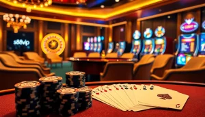 S88vip poker table with luxurious chips and cards in a vibrant casino ambiance.