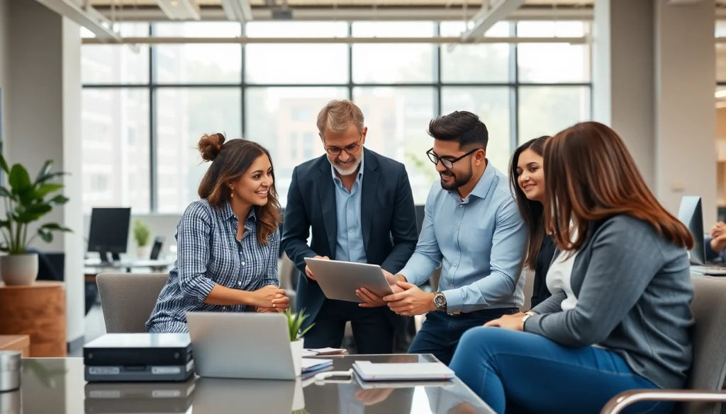 Engaged team discussing a business strategy in a contemporary office setting.
