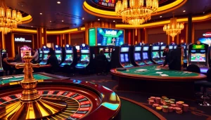 Players enjoying games at MM88's elegant casino, featuring roulette and poker tables.