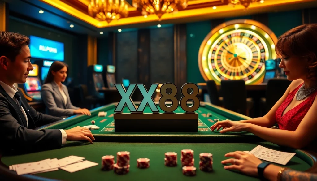 Engaging baccarat scene showcasing players at a table featuring XX88 casino experience.