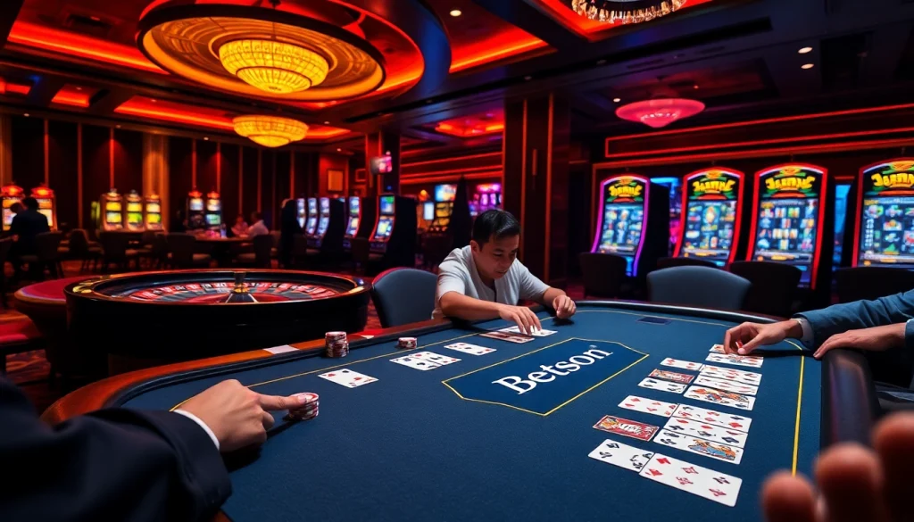 Betsson players enjoying a thrilling poker game at a luxurious casino table