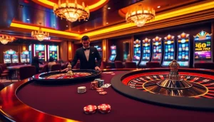Dynamic poker action at 32win casino table showcasing vibrant chips and cards.