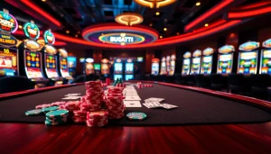 Experience thrilling gameplay at Bugatti8 with vibrant chips and cards on a luxurious casino table.