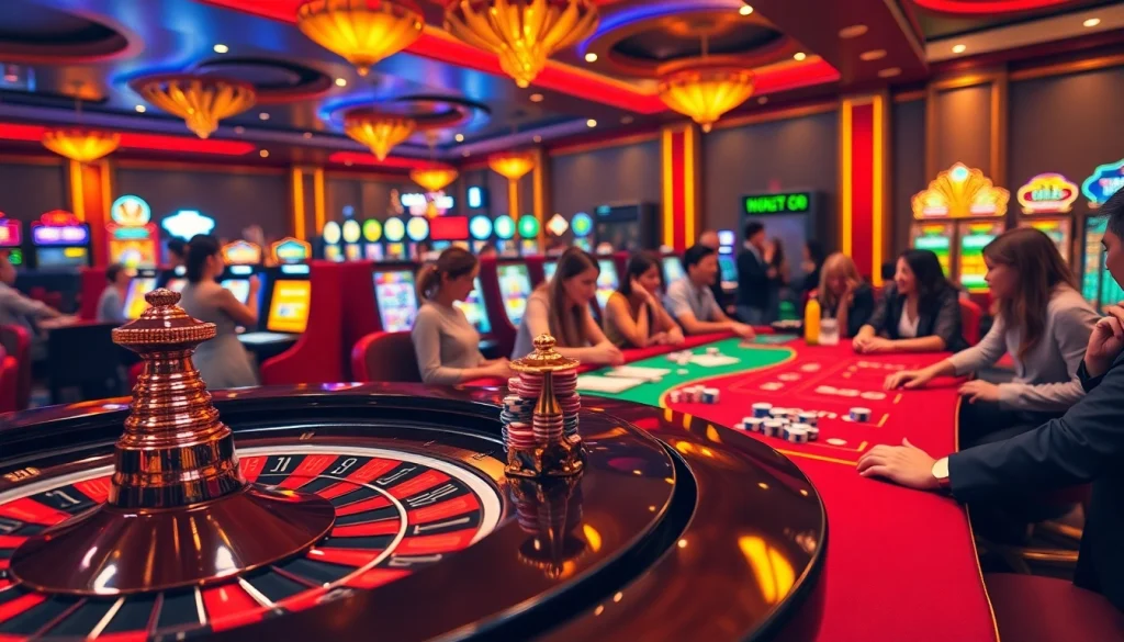 Experience the excitement and luxury of a Nhà Cái Uy Tín casino environment with vibrant gaming tables and eager players.