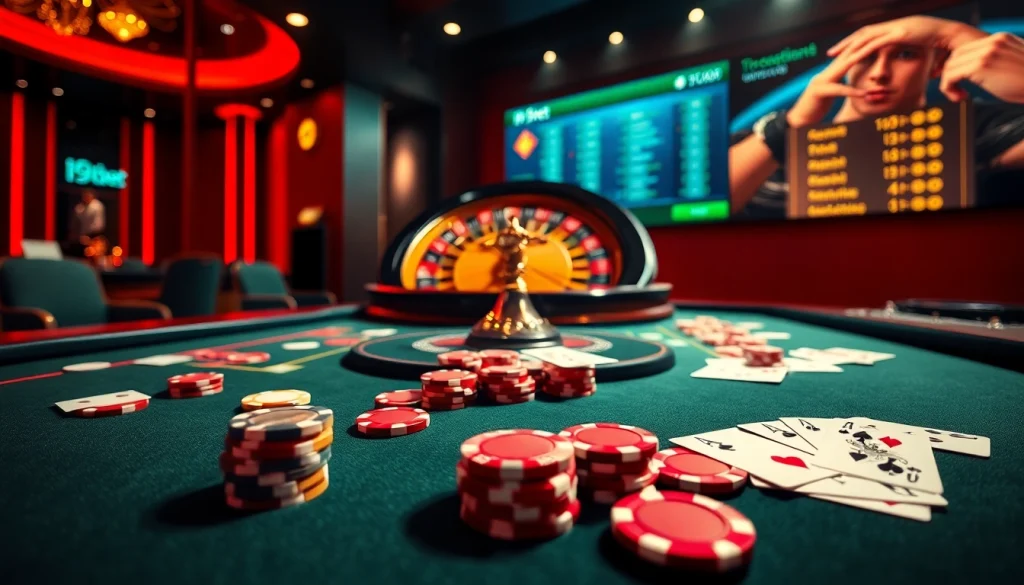 I9bet casino scene featuring vibrant chips and cards on a luxury gambling table.