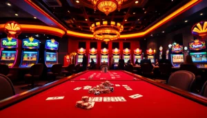 Kubet77 players enjoying a thrilling casino game with cards and chips at a stylish table.