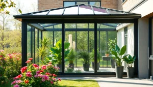 Wintergarten Anbau mit großen Glasflächen in einem gemütlichen Garten, der Natur verbindet.