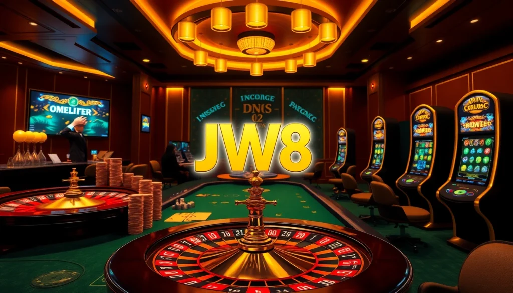 Experience the thrill of JW8 casino gaming with roulette and poker elements.